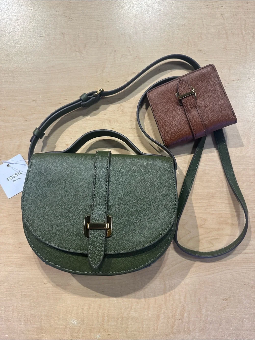 Fossil Olive Green Crossbody Saddle Bag with Brown Card Case
